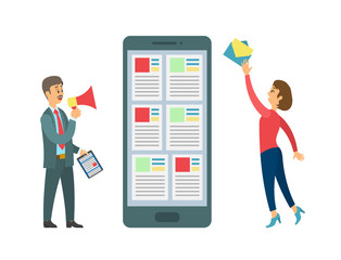 Smartphone and people sending message vector, boss and worker interacting. Mobile phone device, person with letter envelope, boss with megaphone task
