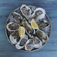 Oysters with ice and lemons on tray