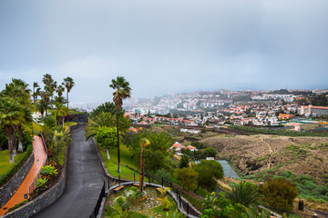 View of the green valley north coast of Tenerife on a rainy day, Canary Islands, Spain