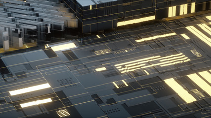3d Render Digital abstract architecture fragment. Cyber City. Printed circuit board PCB technology repetition. Gold Yellow and Glass buildings. Cyber security. Digital hardware backdrop. Displacement 