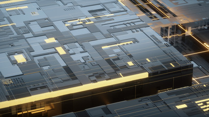 3d Render Digital abstract architecture fragment. Cyber City. Printed circuit board PCB technology repetition. Gold Yellow and Glass buildings. Cyber security. Digital hardware backdrop. Displacement 