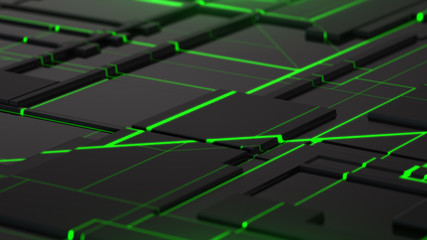 3d Render abstract Cyber space connection lines. Abstract digital technology background. Displacement city and buildings. Futuristic structure. Dark green glowing lines.