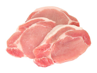 Group of fresh raw pork meat steaks isolated on a white background