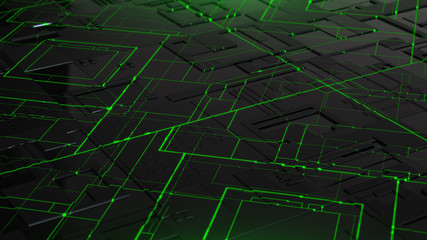 3d Render  Futuristic movie spaceship parts and fragments. Architecture rhythm. Network connection. Futuristic city structure. Digital hardware background. Black and Green buildings.Displacement