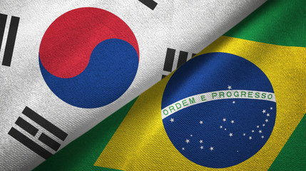 South Korea and Brazil two flags textile cloth, fabric texture