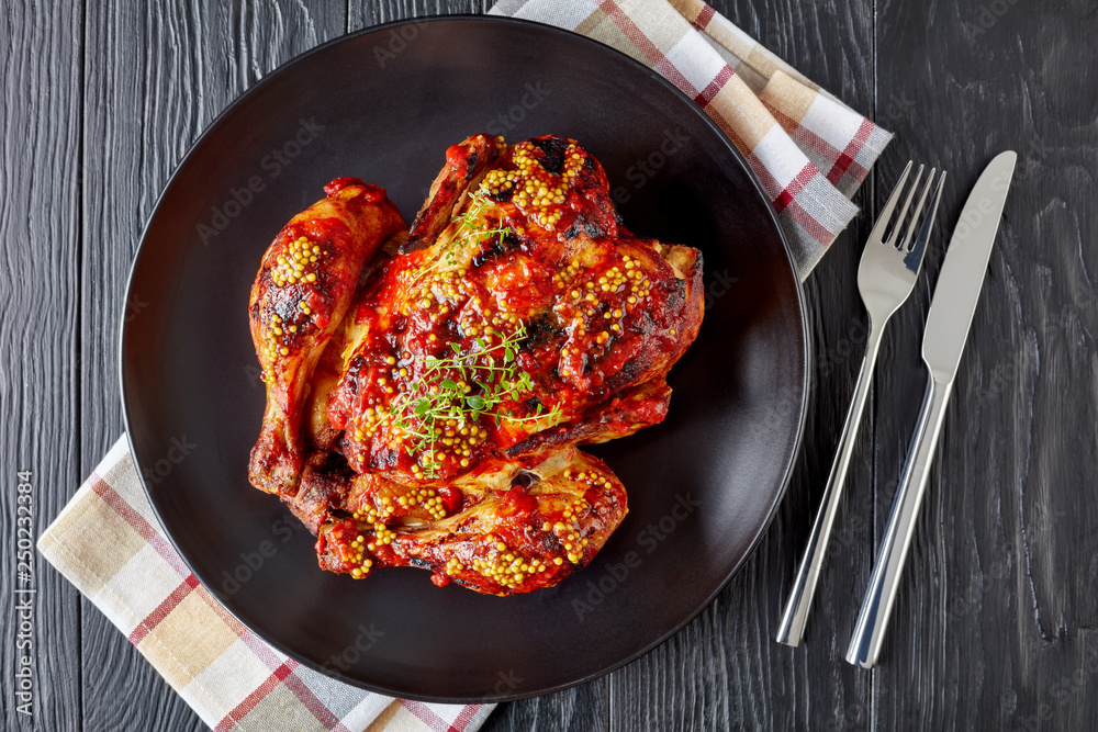 Poster roasted chicken with tomato sauce and mustard