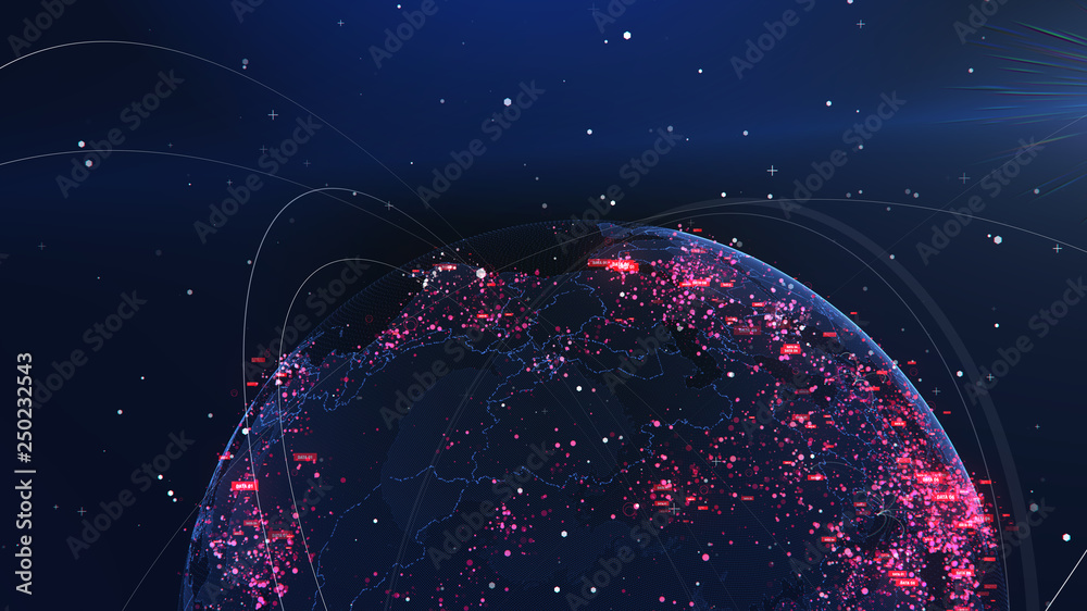 Poster global network technology. data exchange and global network over the world 3d rendering. global netw