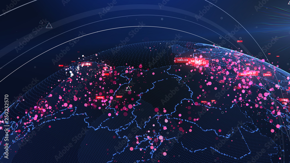 Poster global network technology. data exchange and global network over the world 3d rendering. global netw