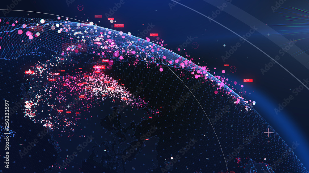 Poster global network technology. data exchange and global network over the world 3d rendering. global netw