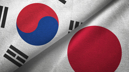 South Korea and Japan two flags textile cloth, fabric texture