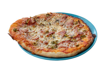 Homemade pizza with salami and green olives