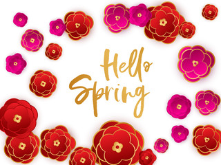 Hello spring banner, red flowers background.