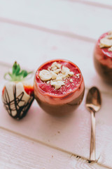 strawberry jam on a wooden board