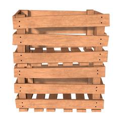 Wooden box for transportation and storage of products. Empty crate for fruits and vegetables. 3d render isolated on white background.
