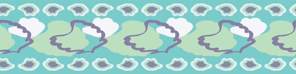 Organic, abstract shapes in spring / summer colors create this dynamic repeat seamless pattern border. Teal, pale blue, green and purple. Vector design, great for fashion, textiles and decor.