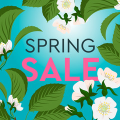 Advertisement about the spring sale on background with beautiful cherry blossom. Vector illustration.