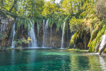 closeup view of waterfalls at turquoise plitvice lakes national park croatia