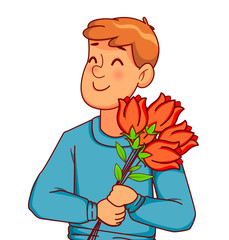 Man cartoon characters with a bouquet of tulips