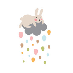 Adventures of Easter bunnies, who are looking for and hiding holiday eggs. Easter design elements in minimalistic vector style. Illustrations for kids.