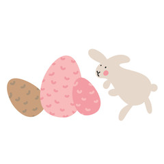 Adventures of Easter bunnies, who are looking for and hiding holiday eggs. Easter design elements in minimalistic vector style. Illustrations for kids.