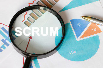 Business documents with scrum, charts growth, magnifier search and pen.