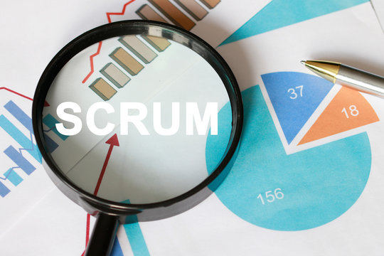 Business documents with scrum, charts growth, magnifier search and pen. - Powered by Adobe