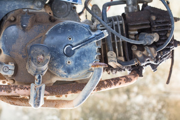 Close up old, rusty motorcycle engine.