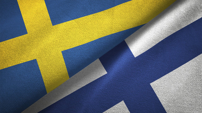 Sweden and Finland two flags textile cloth, fabric texture