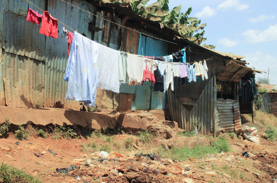 clothes are drying on ropes in the slums of Nairobi - one of the poorest places in Africa