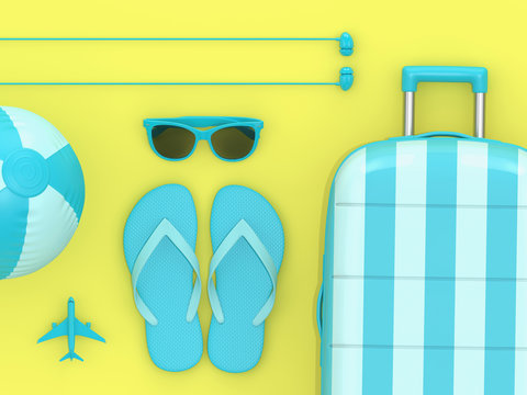 3d render of suitcase with vacation stuff over yellow background