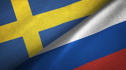 Sweden and Russia two flags textile cloth, fabric texture