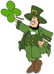 Leprechaun dancing a jig and holding a large 4 leaf clover