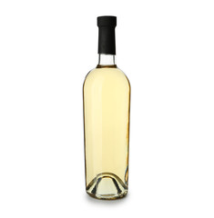 Bottle of tasty wine on white background