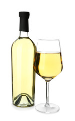 Bottle and glass of tasty wine on white background