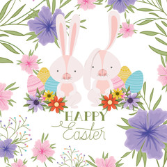 happy easter label with egg and flowers icon