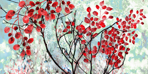 Sammlung von Designer-Ölgemälden. Dekoration für den Innenraum. Moderne abstrakte Kunst auf Leinwand. Baum mit roten Blättern auf blauem Hintergrund.