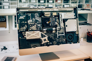 Closeup of faulty electric in computer monitor in electr service