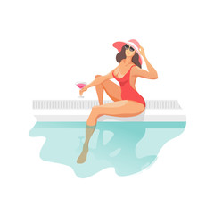 Attractive woman in a hat sitting on the edge of the swimming pool. Summer time. Happy vacation. Vector illustration.