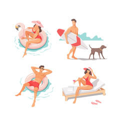 Set of people performing summer outdoor activities at beach - sunbathing, walking, carrying surfboard, swimming in sea. Traveling, holiday, vacation concept. Vector illustration.