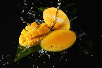 Fototapeta na wymiar Ripe cut mango with water splash on dark background
