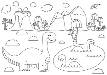 Prehistoric landscape with funny cartoon dinosaurs. Brontosaurus in the water. Black and white vector illustration for coloring book