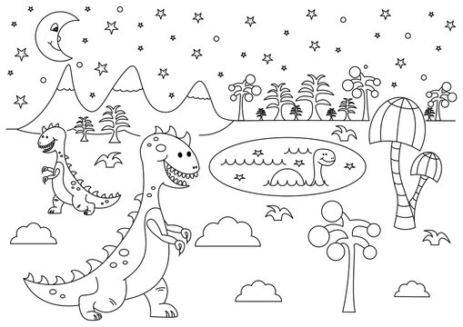 Prehistoric night landscape with funny cartoon dinosaurs - Tyrannosaurus and Brontosaurus. Black and white vector illustration for coloring book