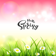 Pink Nature Background and Lettering Hello Spring