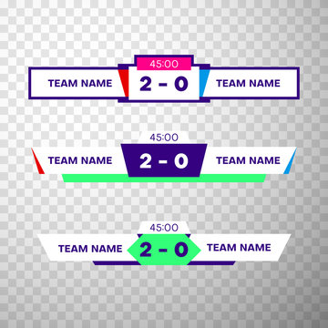 Scoreboard templates with team name, score and game timer for sporting events and battles.