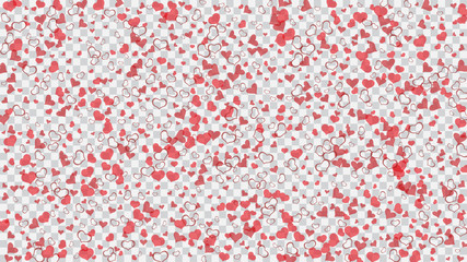 Fototapeta na wymiar Happy background. The idea of wallpaper design, textiles, packaging, printing, holiday invitation for Valentine's Day. Red hearts of confetti crumbled. Red on Transparent fond Vector.