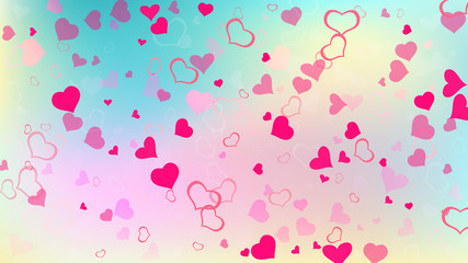 Light background. Red on Gradient fond Vector. A sample of wallpaper design, textiles, packaging, printing, holiday invitation for birthday. Red hearts of confetti are falling.