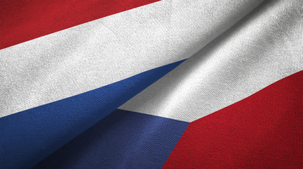 Fototapeta na wymiar Netherlands and Czech Republic two flags textile cloth, fabric texture