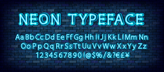 Obraz premium Blue neon light glowing latin alphabet