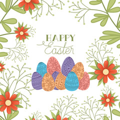 happy easter label with egg and flowers icon