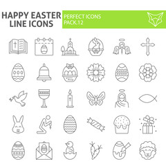 Happy easter thin line icon set, spring holiday symbols collection, vector sketches, logo illustrations, christian celebration signs linear pictograms package isolated on white background.